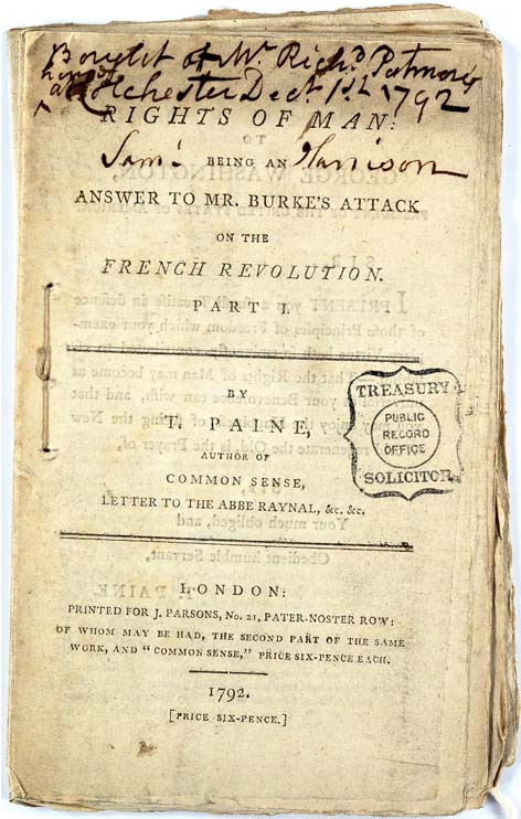 Worn cover of Thomas Paine's 'Rights of Man'. Ref: TS/24/3/9