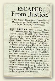 Poster regarding a number of escaped prisoners arrested for 'combining' as a 'trade union' to raise wages Ref:HO 52/1, folio 439