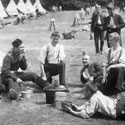 British soldiers at dinner in camp, Aldershot, 1889. Catalogue reference: COPY 1/397