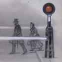 Artist's impression of experimental pedestrian safety device: traffic light system and automatic electrical magnetic car stop, 1938. Catalogue reference: MT 162/14