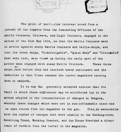 Private Navy Report on the Loss of the Indefatigable 1916 (ADM 1/8477/308)