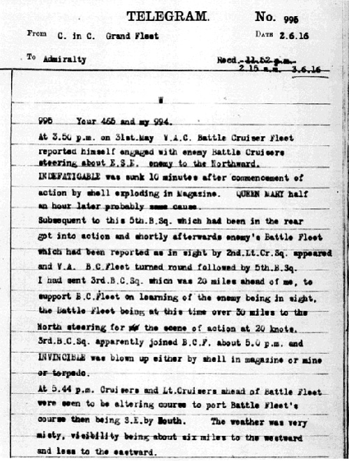 Navy Telegram Reporting the Loss of the Indefatigable 1916 (ADM 137/1642)