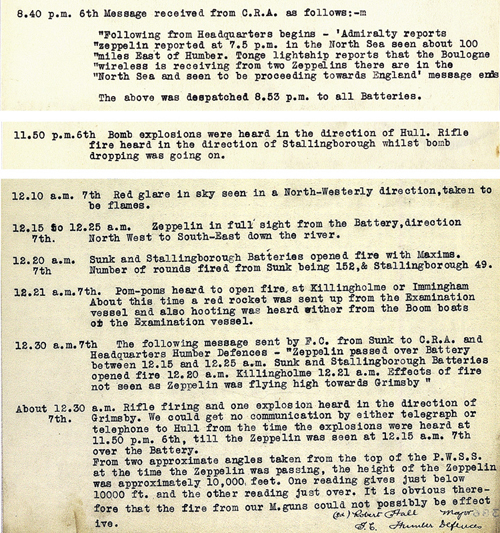 Diary of events and report of action taken, by Major Robert Hall, Fire Commander Humber Defences 1916 (AIR 1/569/16/15/142/B)