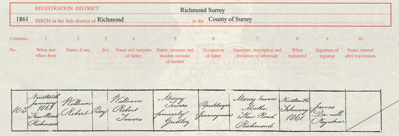 Birth Certificate for William Robert Towers 1861