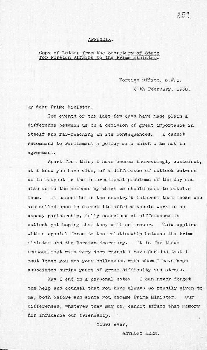 Letter from Anthony Eden to Neville Chamberlain, 1938 (CAB/23/92 f252)