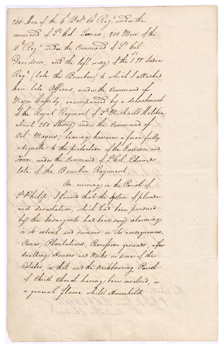 Letter from Colonel Edward Codd to James Leith, his report of the insurrection. (CO 28/85)