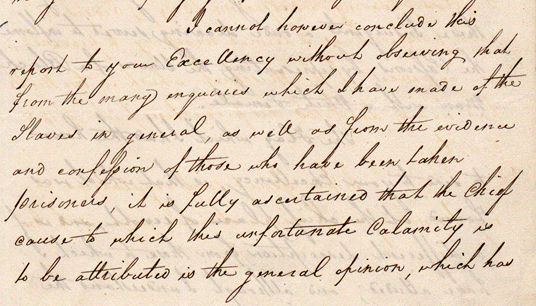 Letter from Colonel Edward Codd to James Leith, his report of the insurrection, 25th April 1816. (CO 28/85)
