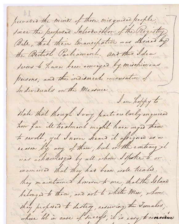 Letter from Colonel Edward Codd to James Leith, his report of the insurrection, 25th April 1816.