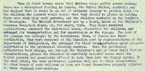 Excerpt from a radio address given by Dr.R.C.Wallace (chairman of the National Committee for Children from Overseas) on November 3rd, 1940 (DO 131/45)