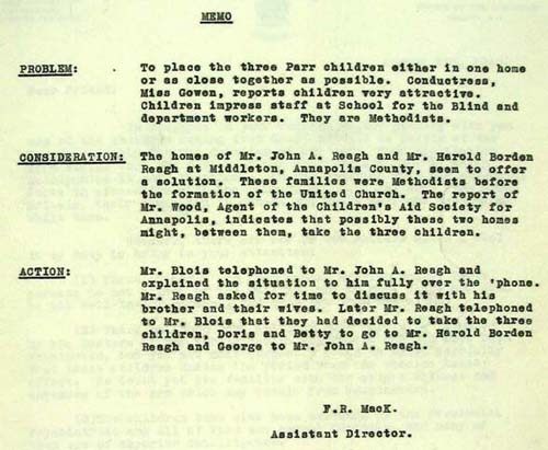 Official memo relating to the placement of the Parr children (DO 131/45)