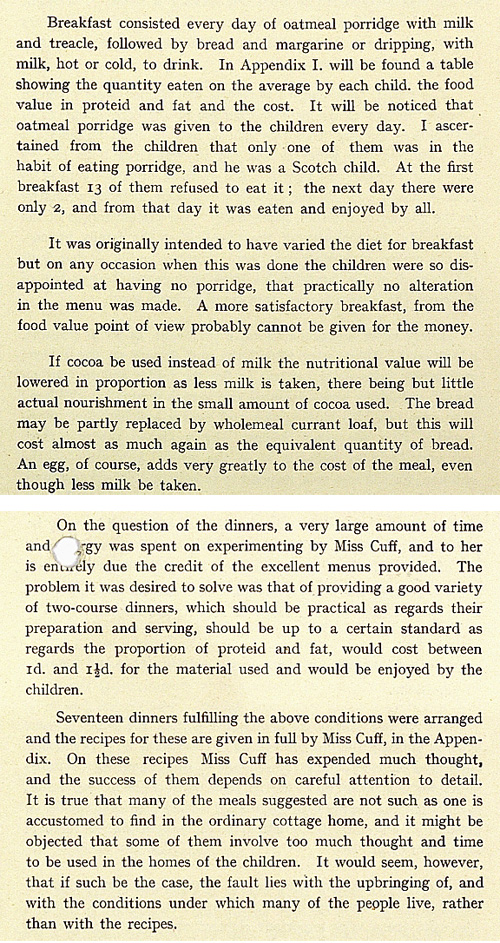 Extract from the report. What food was provided? (ED 50/8)
