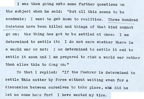 Extracts from the Minute of the conversation between Neville Chamberlain and Adolf Hitler at Berchtesgaden (FO 371/21738)