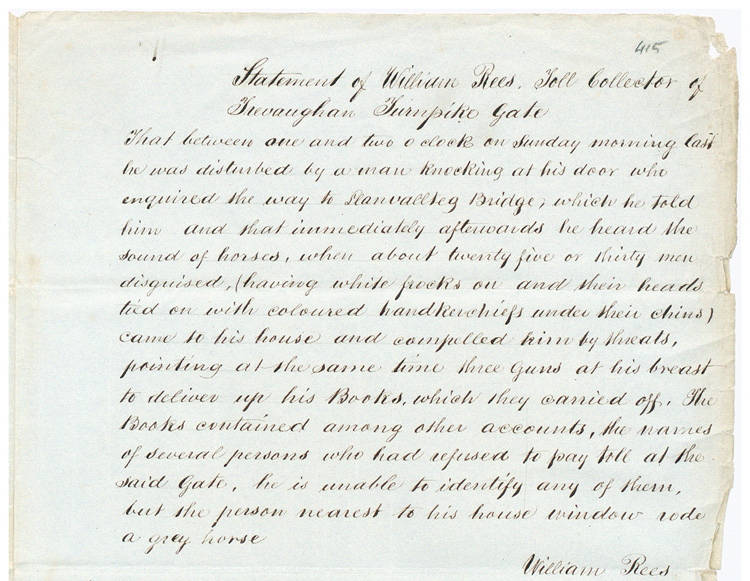 Statement of William Rees, toll collector, 15 August 1843 (HO 45/454 f.415)