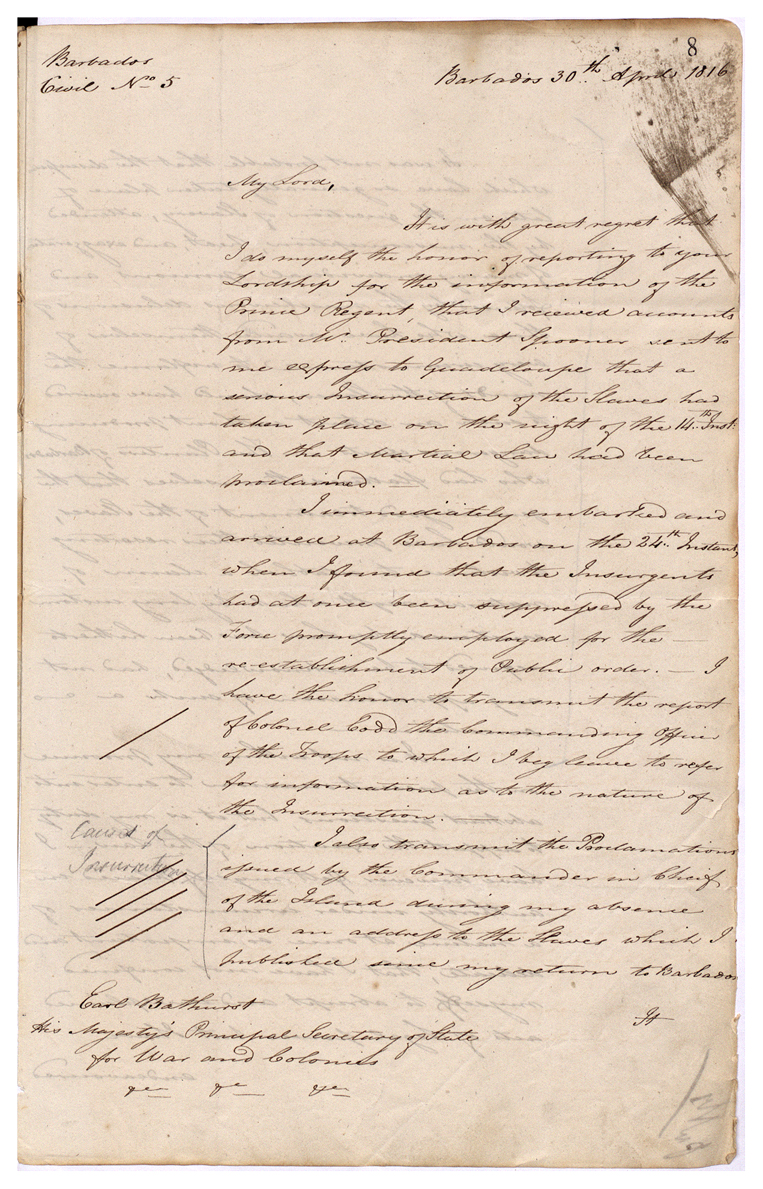 Letter from James Leith, Governor of Barbados, to Earl Bathurst, Secretary of State for War and Colonies, 30th April 1816 (CO 28/85)