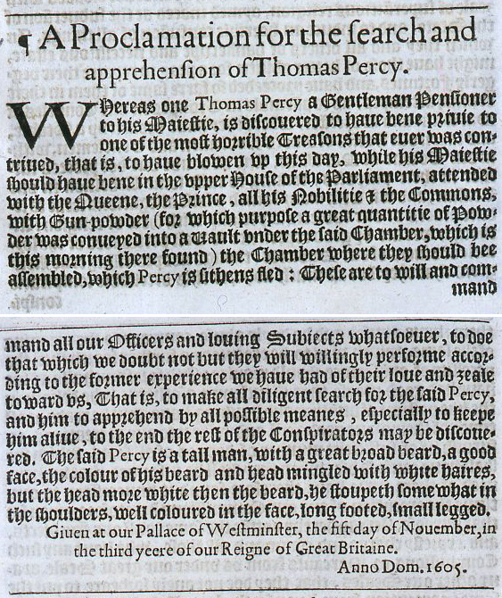 Proclamation for the arrest of Thomas Percy, 5th November 1605 (SP 14/73/67)
