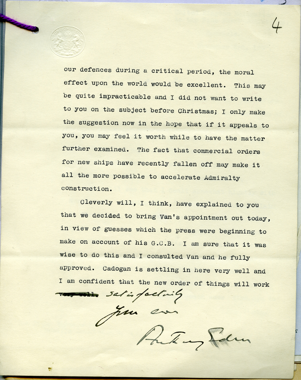 Letter from Anthony Eden to Neville Chamberlain, 1937 (PREM 1/210)