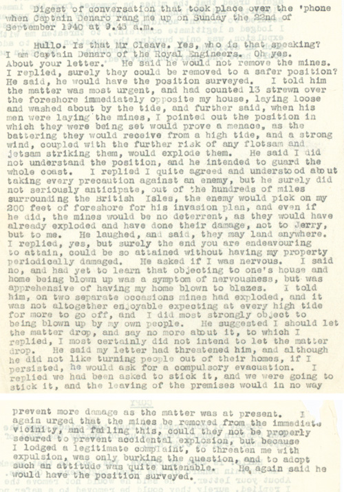 Telephone conversation between Mr. Cleave and Captain Denaro a mine laying specialist in 1940 (WO 199/94)