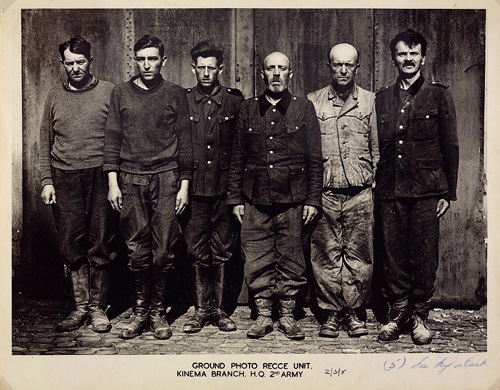 Camp Guards at Belsen, photographed by British 2nd Army photographer. Karl Egersdorf is 1st on the left. (WP 239/19)