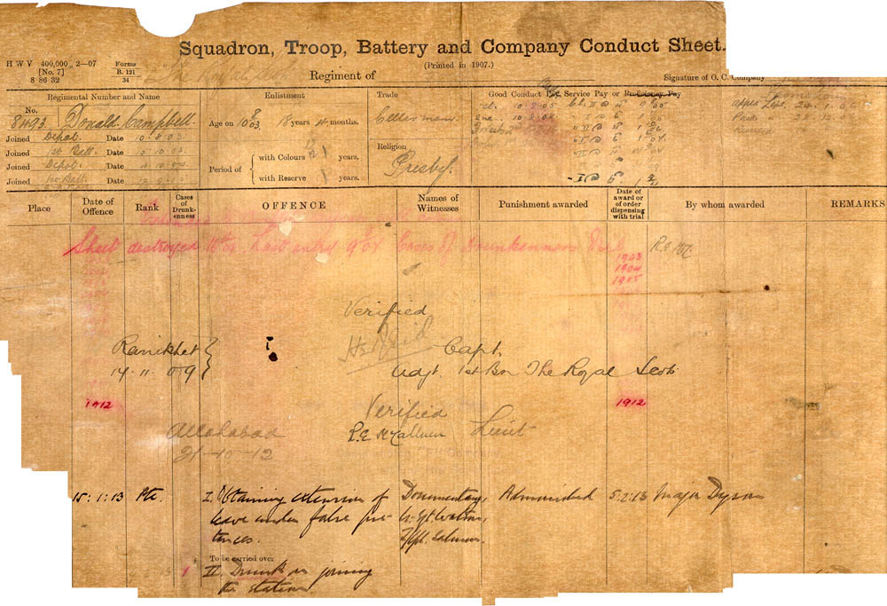 Donald Campbells Squadron, Troop, Battery and Company Conduct Sheet page 1 (WO 363/C)