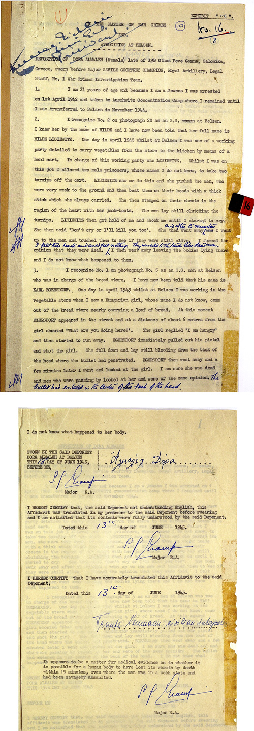 Signed statement by Dora Almaleh,prepared for British War Crimes Tribunal, 13th June, 1945 (WO 239/19)