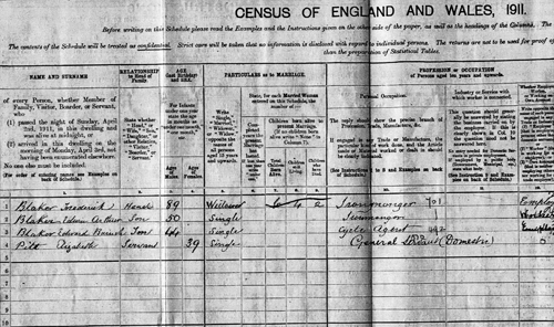 Edward Baruch Blaker, beekeeper and cycle agent, as he appears in the 1911 census (Catalogue reference: RG14/5332)