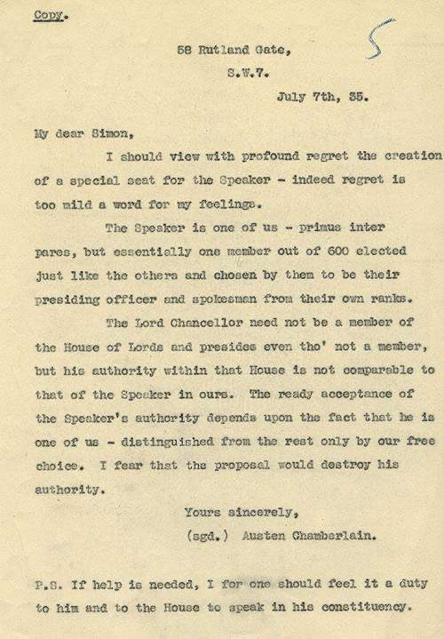 Cat ref: Chamberlain's letter on the status of the Speaker - Catalogue reference T 161/673