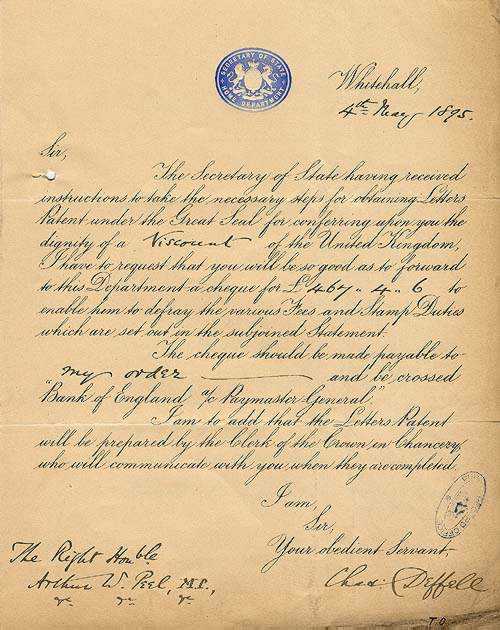 Cat ref: Letter confirming Viscountcy to Arthur W Peel MP - Catalogue reference HO 45/9896/B18258