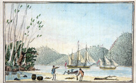Colour vista: ‘Whytootackay Island about three miles distant with natives in boat’ (Catalogue reference: ADM 55/95 folio 81)