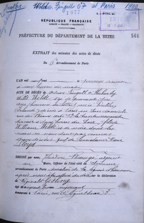 Oscar Wilde's death certificate 