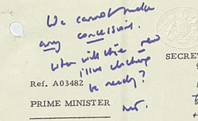 A detail from PREM 19/282/8 showing Margaret Thatcher's handwritten notes