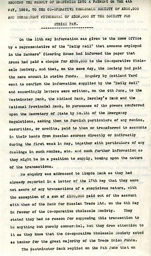 Cat ref: HO 144/12143. Home Office letter identifying large amounts of money coming from Russia in support of the strikers in 1927