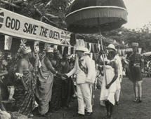H.B shakes hands with one of the sub-chiefs during coronation time (1953) - Catalogue reference: CO 1069/99