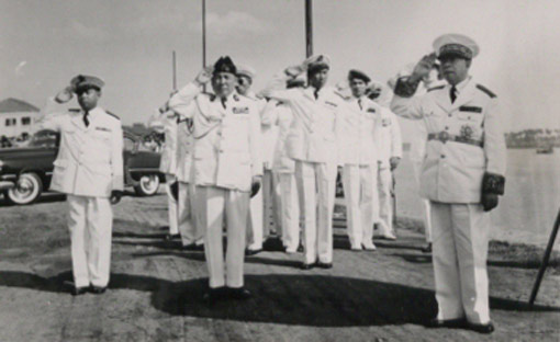 Crew of HMS Opossum, Cambodia, 1955. Catalogue reference: CO 1069/420