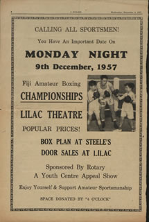 Calling All Sportsmen! Suva, Fiji, 1957 Catalogue reference: CO 1069/653