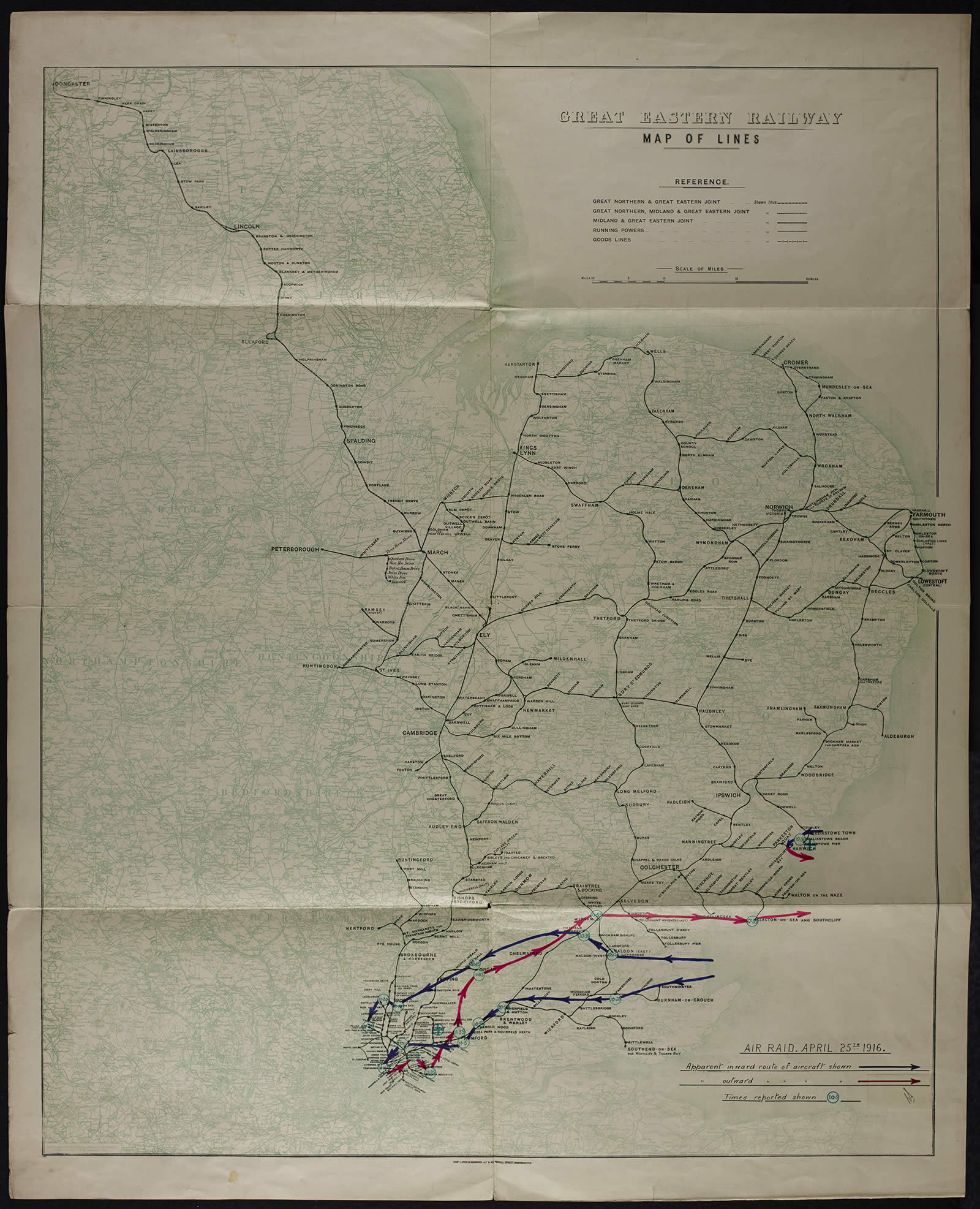 Image of a map of East Anglia, showing Great Eastern railway lines and the flight paths of enemy raiders on 25 April 1916