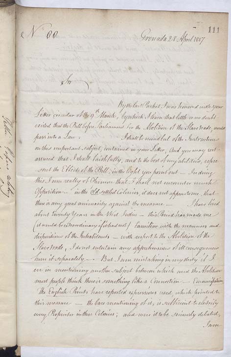 A page from an elegant, handwritten document. Ref: CO/101/45/10-f111