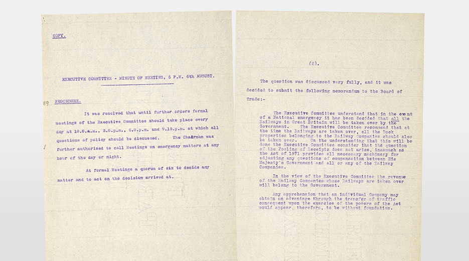 Minutes of the first meeting of the Railway Executive Committee, establishing the terms of reference – the frequency with which they agreed to meet shows its importance in war-planning