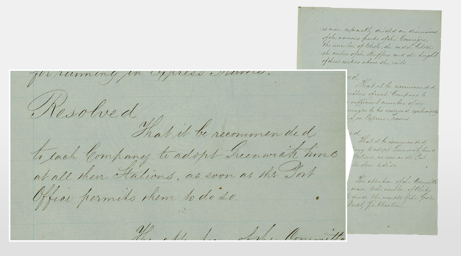 Minute confirming the decision to introduce GMT from the minute book of the Railway Clearing House, 1847
