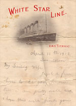 Letter written by Frederick Woodford, a Greaser on Titanic, to his wife when the ship docked at Queenstown, Ireland, on 11th April 1912. Queenstown (now known as Cobh) was the last port of call for Titanic. Courtesy James Cronan.