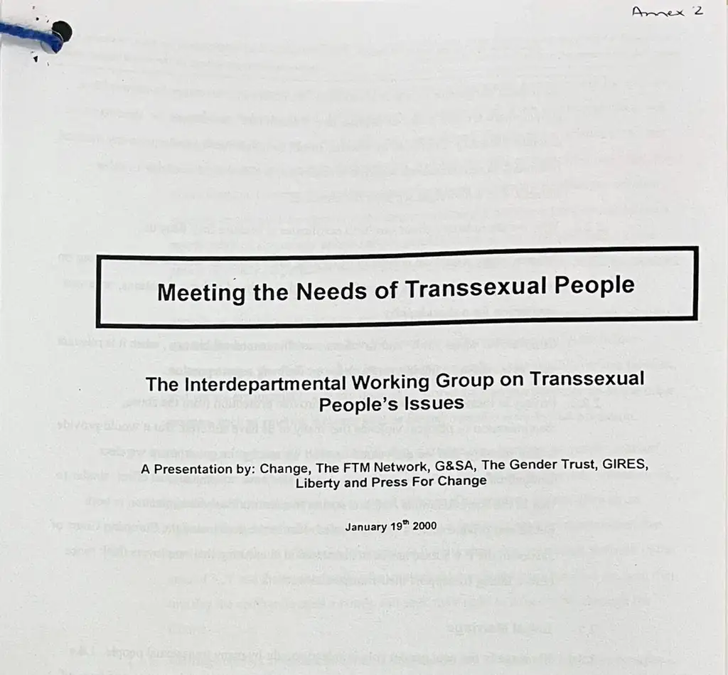 Typed front page of report, with the title 'Meeting the Needs of Transexual People'.