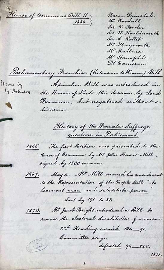 A handwritten Home Office internal document. The document notes dates and events of note in the 'history of the Female Suffrage question in Parliament'.