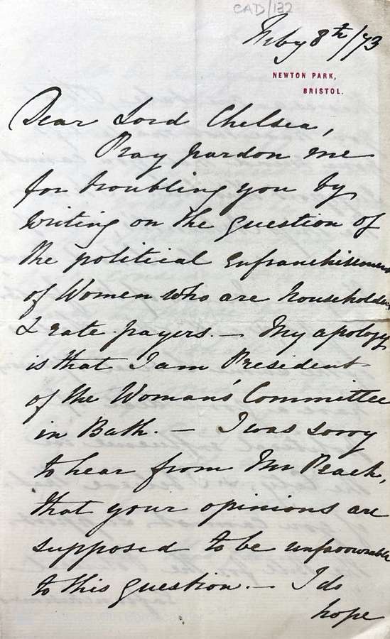 A handwritten letter in dark ink on a cream-colored sheet of aged paper with slight creasing and faint discoloration. At the top right, a small printed heading reads “NEWTON PARK, BRISTOL,” with a handwritten date above it.