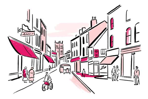 Illustration of a 1920s British high street, with shops either side, pedestrians and a church in the distance.