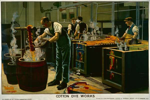 Illustration of workers in a fabric factory dying cotton. They pull twisted cotton out of large steaming vats.