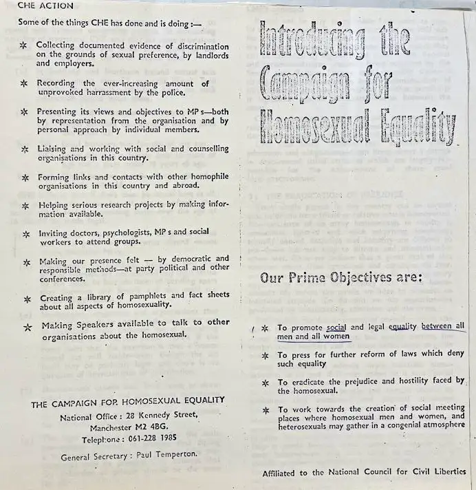 Photocopied leaflet with the title 'Introducing the Campaign for Homosexual Equality'.