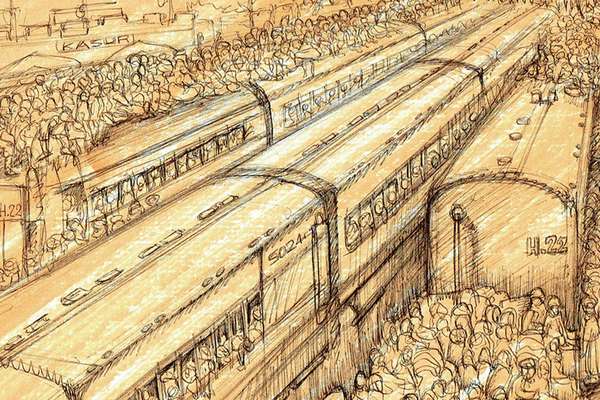 A pencil drawing of three trains at Kasur station, with hundreds of people crowding around them
