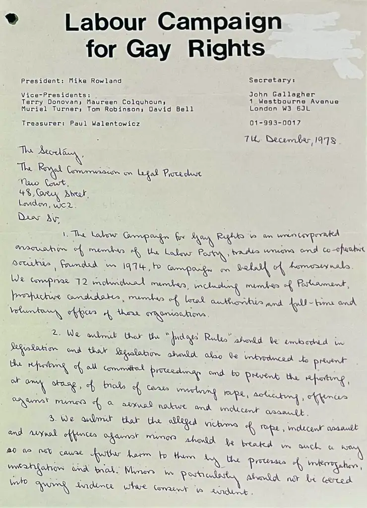 Handwritten letter on headed paper with Labour Campaign for Gay Rights in large font.