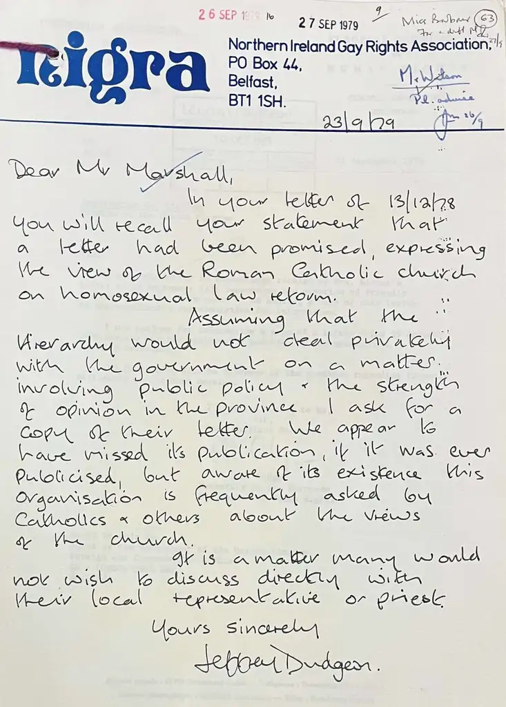 Handwritten letter signed by Jeffrey Dudgeon with a blue NIGRA text logo and details.