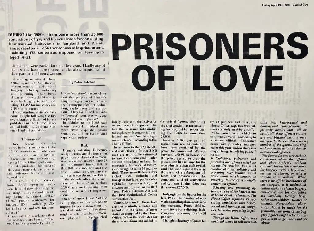 Copy of a Capital Gay newspaper article, with the large headline ‘Prisoners of Love’.