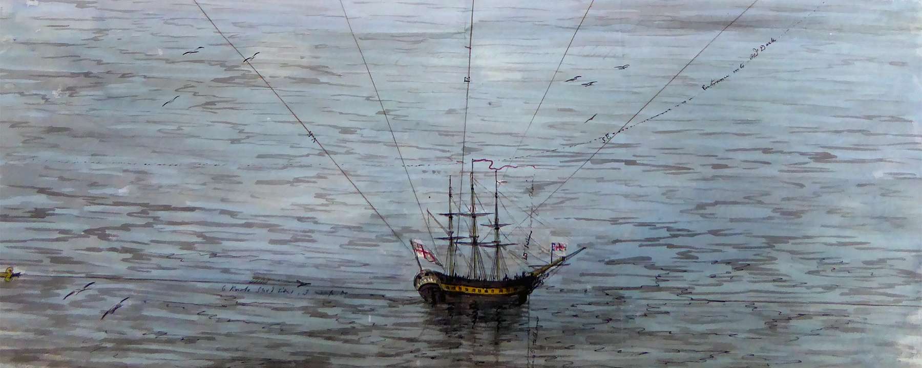 A watercolour sketch of the Liverpool skyline. A ship is sailing by.